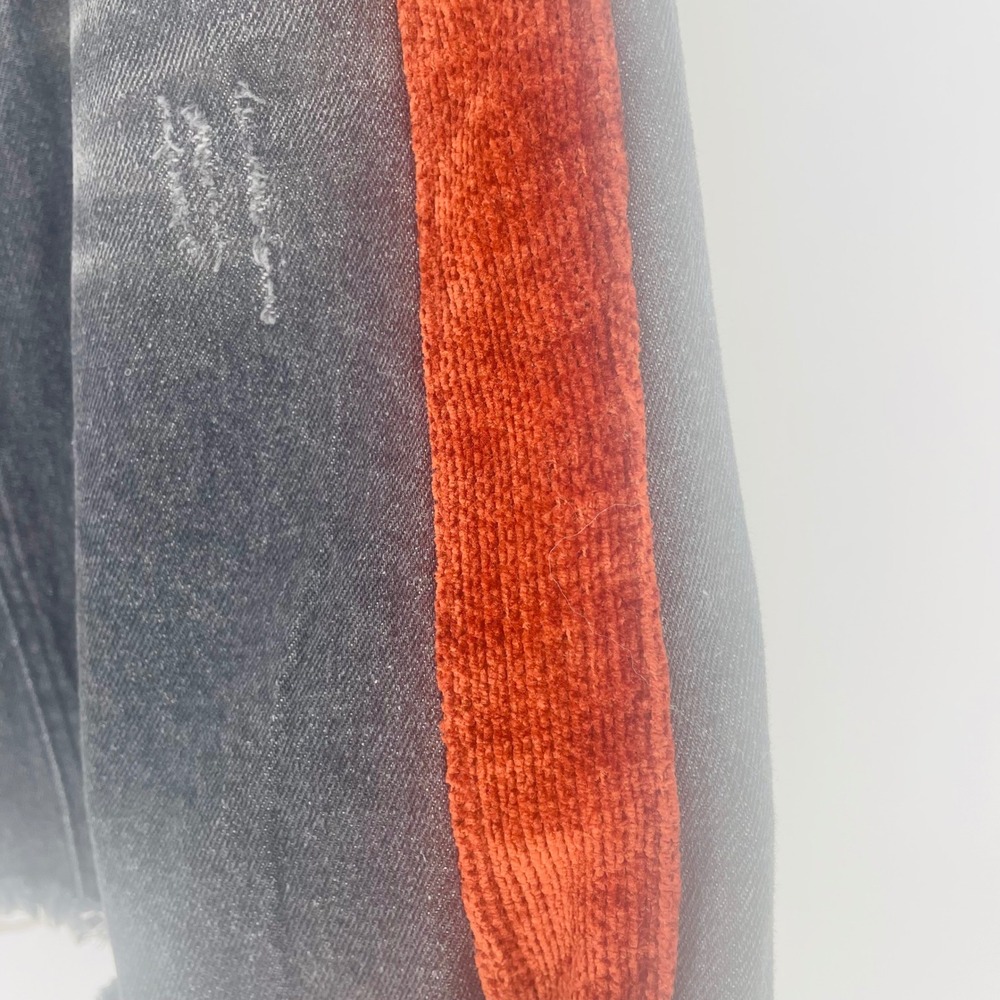 POL Black Distressed Denim Mini Skirt Rust Corduroy Stripe Raw Hem size L NWT - Picture 2 of 12